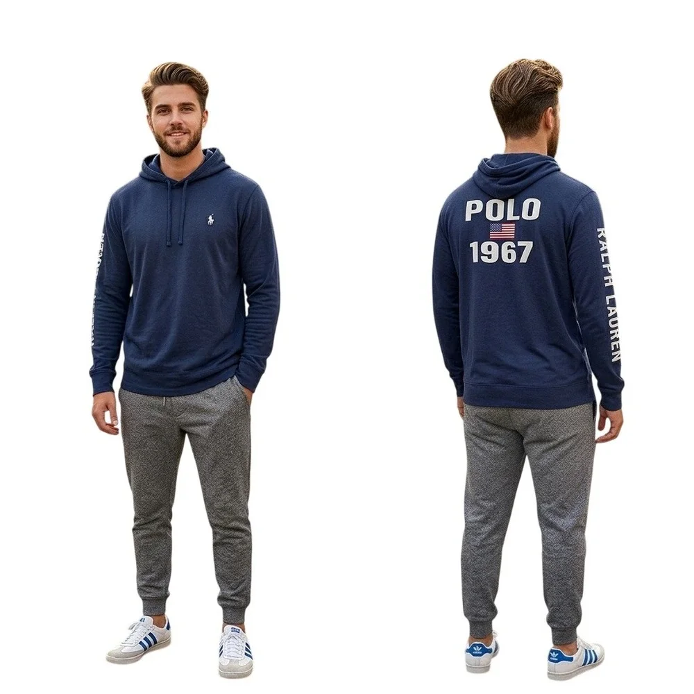 Polo‎ Ralph Lauren Mens Navy Blue 1967 USA Flag Graphic Hooded T-Shirt XXL NEW